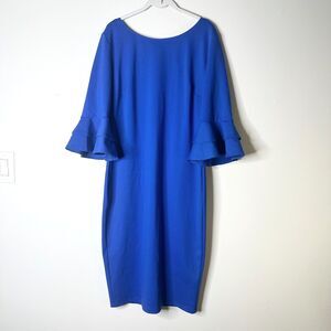 VFEMAGE Dress Womens 14-16 Blue Bodycon Bell Sleeves Knit Midi Classic Elegant